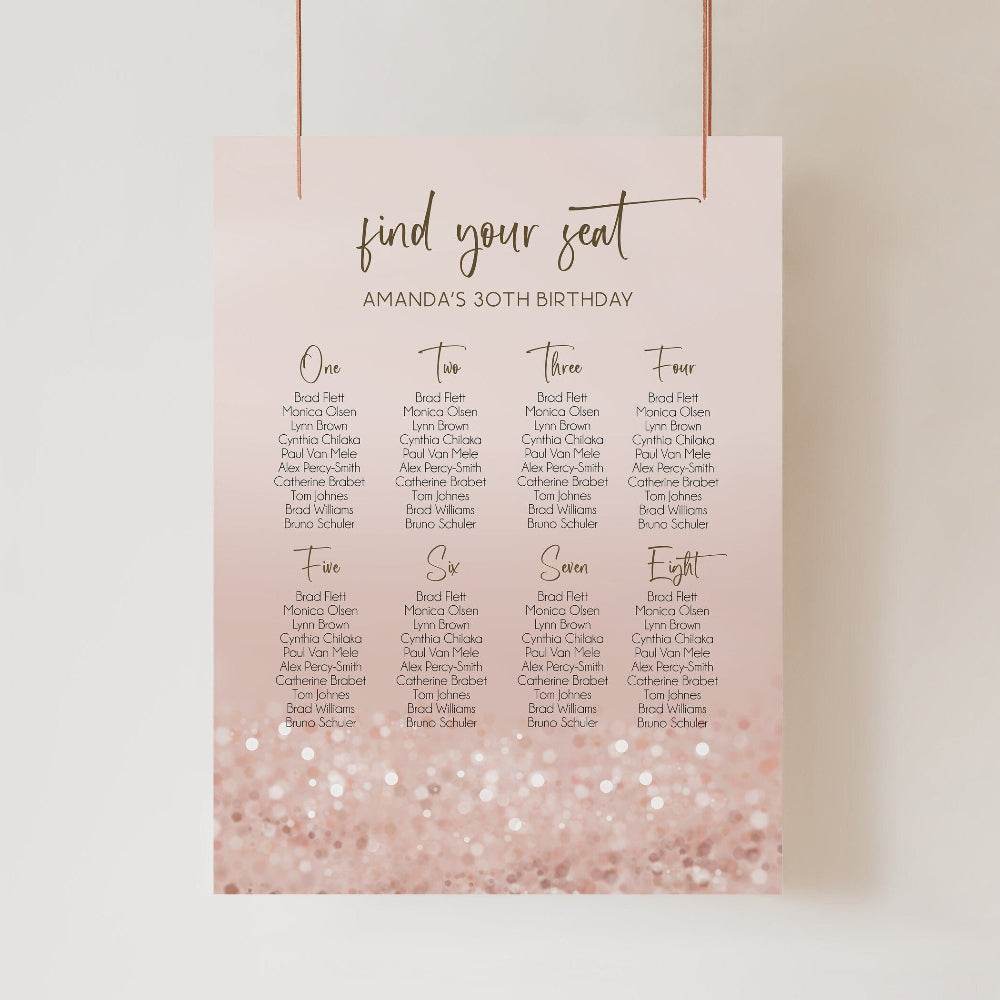 Minimalist Rose Gold Birthday Seating Chart – Printable Modern Seating Sign Template – Editable Digital Chart – Birthday Party Decor – Instant Download