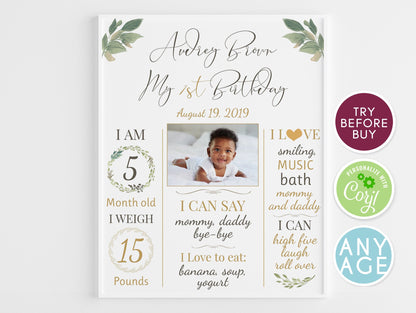 Greenery 1st birthday Boy, Girl Milestone Birthday Welcome Sign | Editable Template Printable Botanical Boy Girl Birthday | Instant download