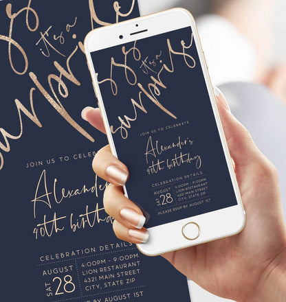 Digital Navy Gold 40th Forty Shhh its a surprise, Electronic birthday invitation template, Editable Text Message Invite, Custom Phone Evite