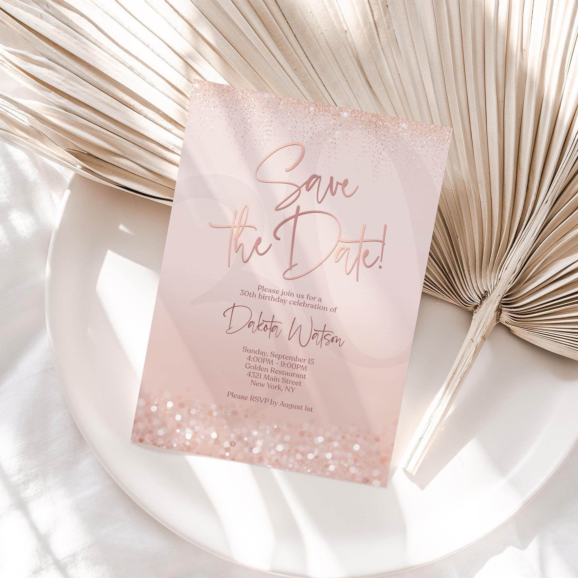 Save the Date Birthday Invitation Template | Editable Pink Rose Gold Invite | Any Age Digital Card | Email or Text Message Evite | Instant Download