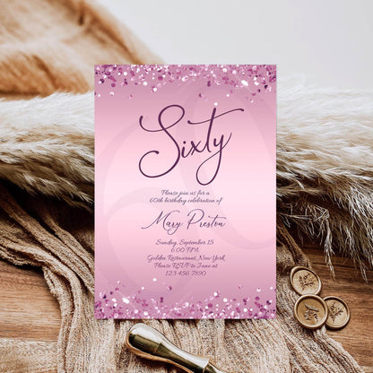 Editable 60th Birthday Invitation Template for Women, Printable Purple Gold Birthday Party Invite, Luxury Lavender Birthday Dinner Card, Email Text Message Evite, Instant Download
