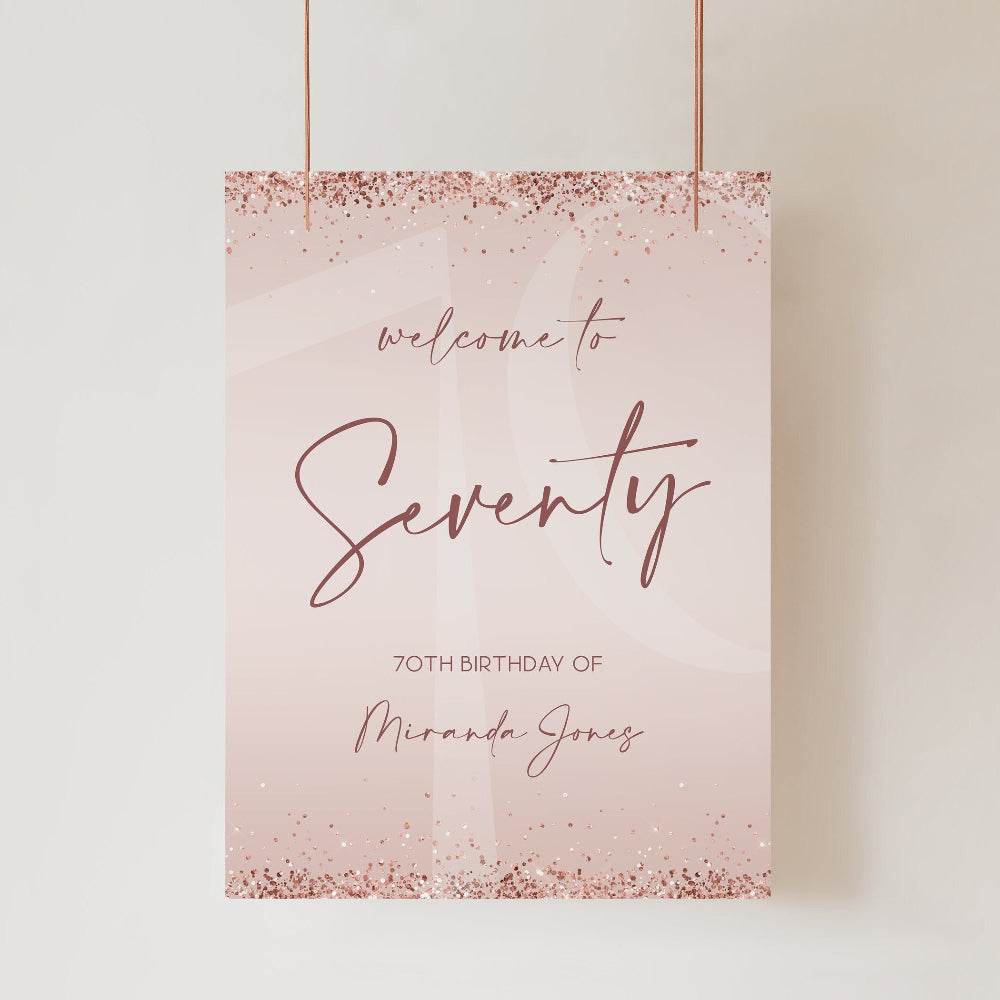 Printable 70th Birthday Party Welcome Sign – Editable Rose Gold Glitter & Pink Confetti Template – Seventy Birthday Welcome Poster – Instant Download