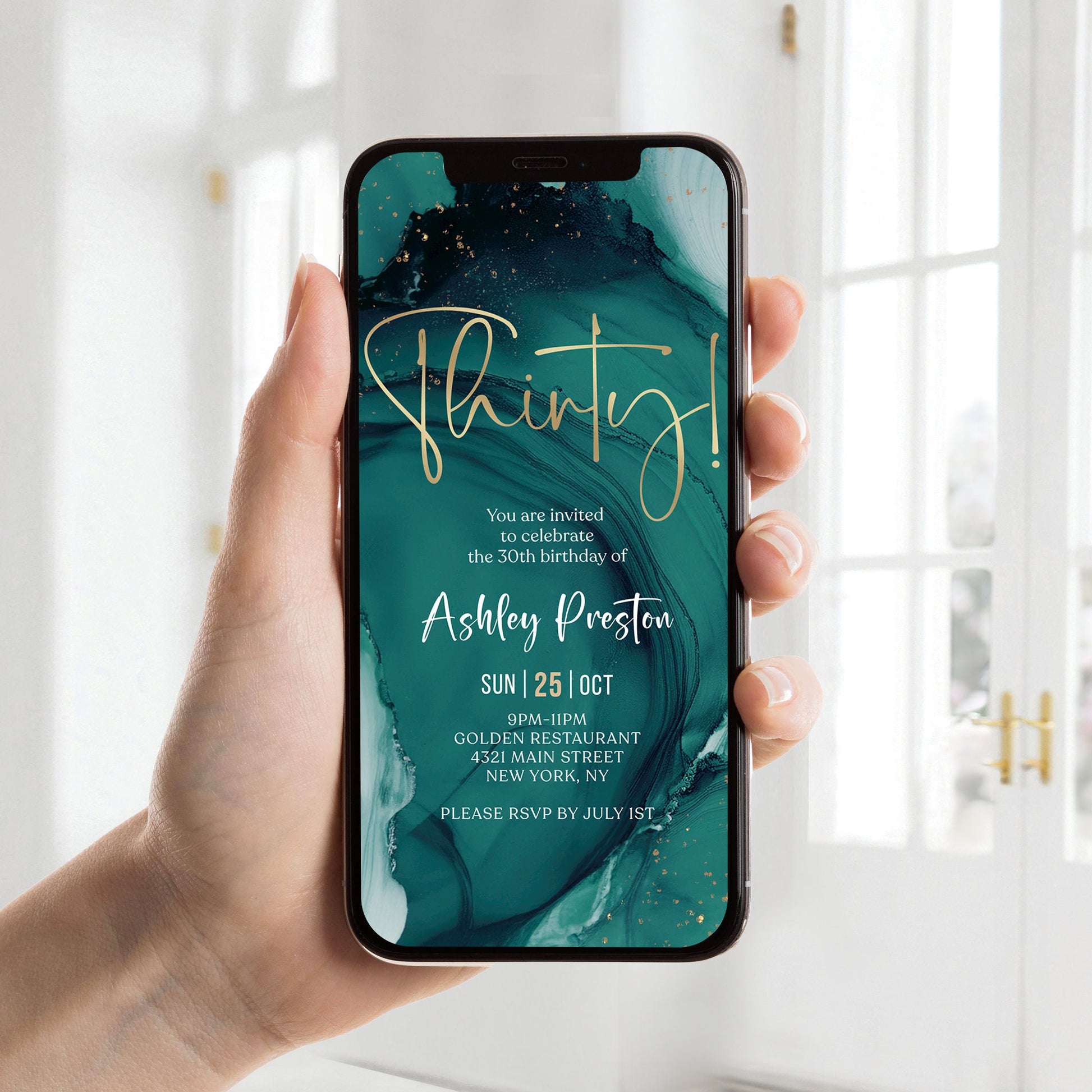 Teal Gold Thirty 30th Birthday Invitation Template, Digital Any Gender Invites, Electronic Self Editable Template eCard, Text Message Evite