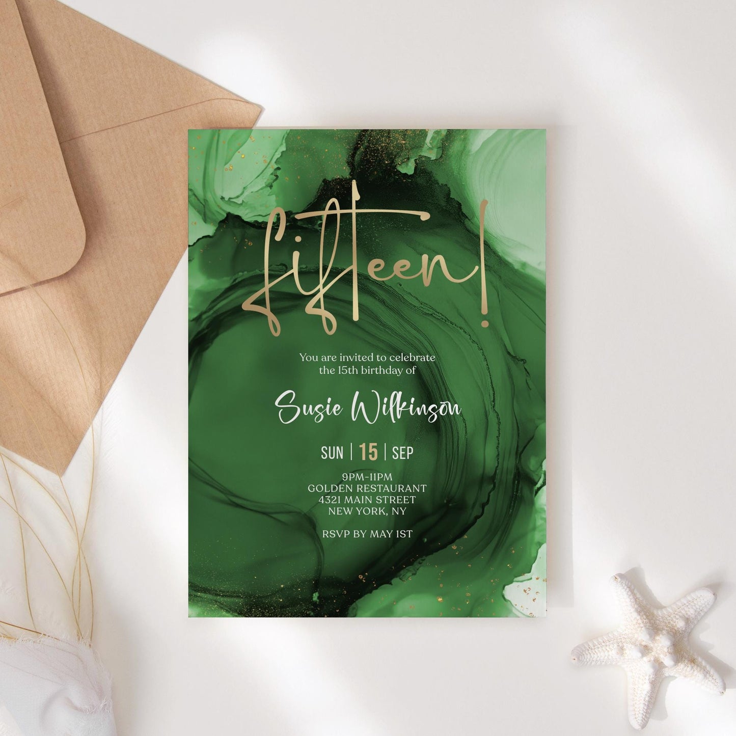 15th Birthday Invitation Template - Green Emerald Gold Design | Instant Download