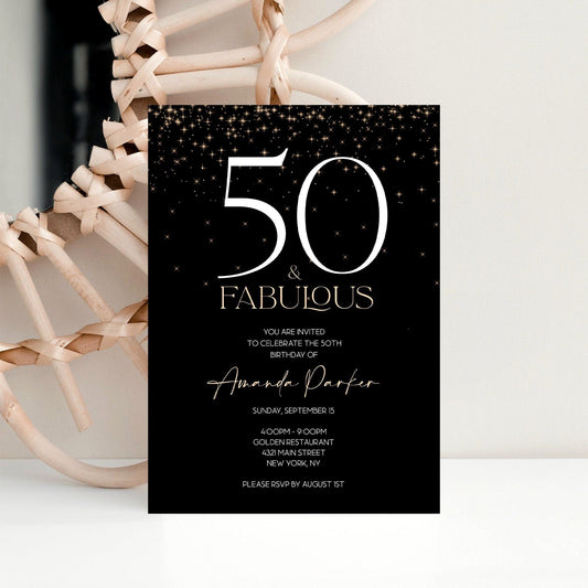 Printable Black Gold 50th Fifty Fabulous Birthday Invitation Template, Gold Glitter Confetti, Women's Birthday Invite, Calligraphy, Editable