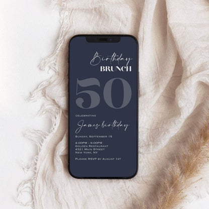 Navy Silver Electronic 50th Birthday Brunch Invitation – Editable Digital Evite for Fifty Birthday Party | Paperless Text Message Invite Template | Instant Download