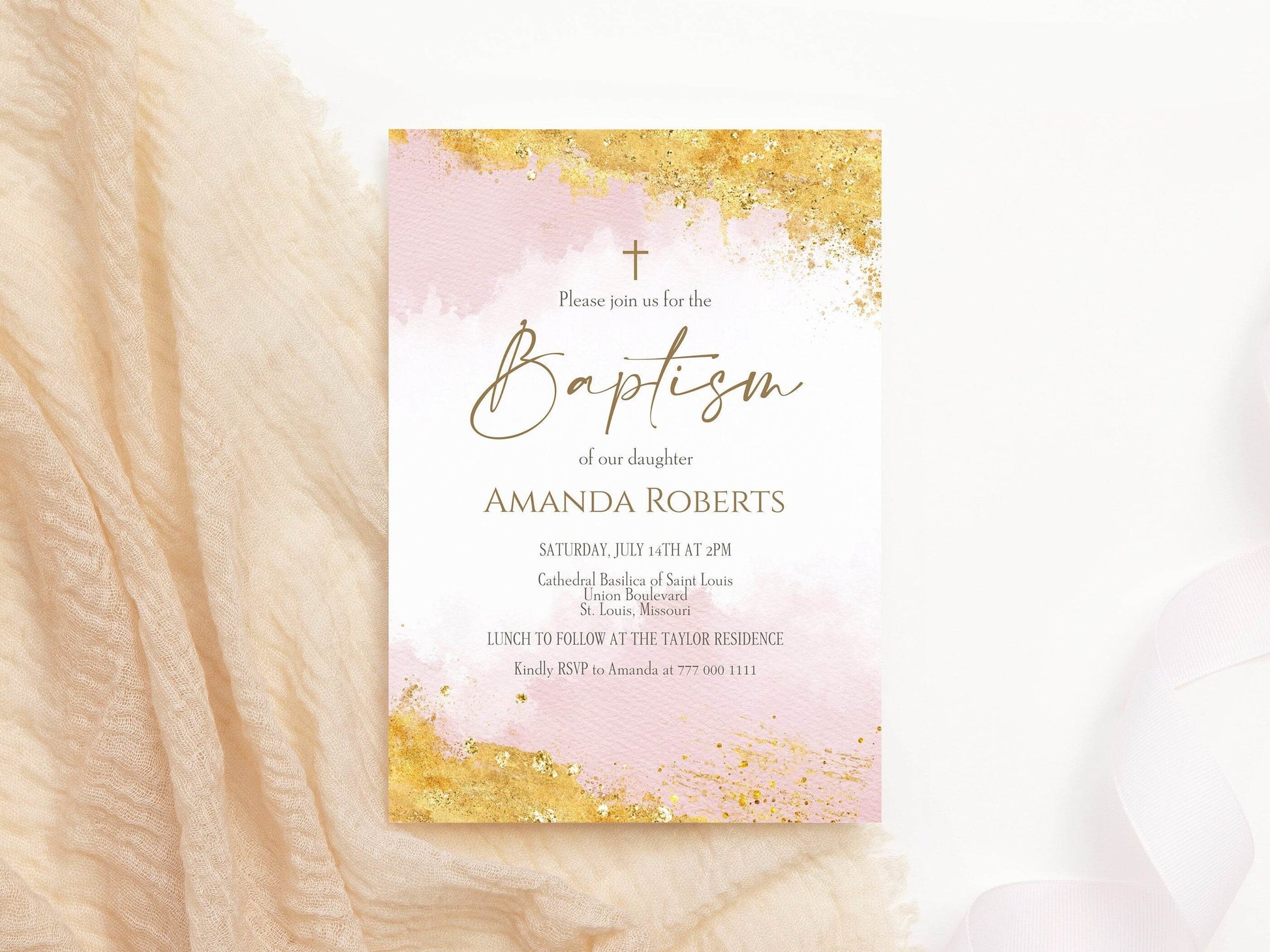Girl Pink and Gold Watercolor Baptism Invitation Template, Editable Printable Girl Christening Invite, Email or Text Message Evite, Instant Download