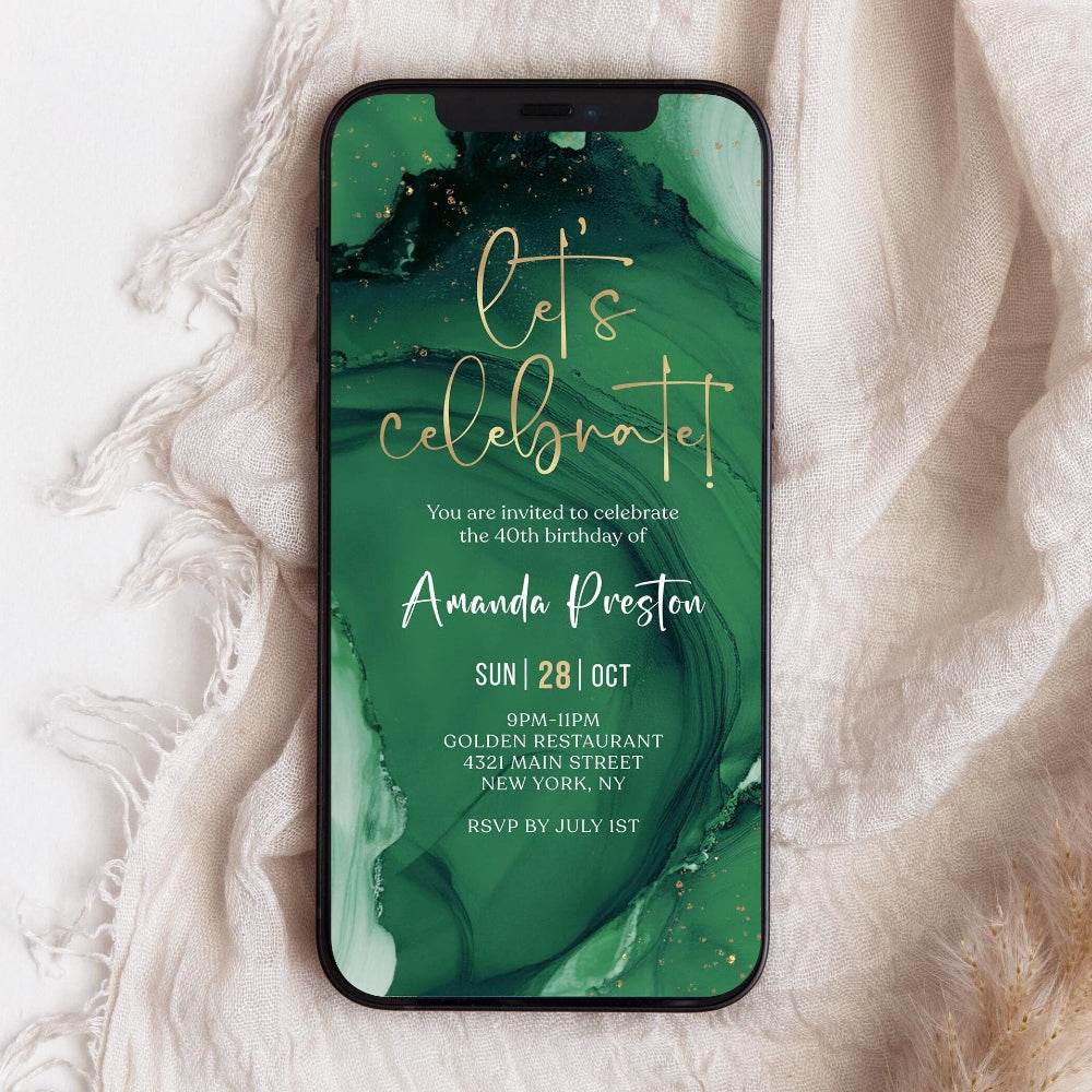 Emerald Gold Birthday Invitation – Editable Let’s Celebrate Party Evite – Green & Gold Digital Any Age Invite – Electronic Text Message Template – Instant Download