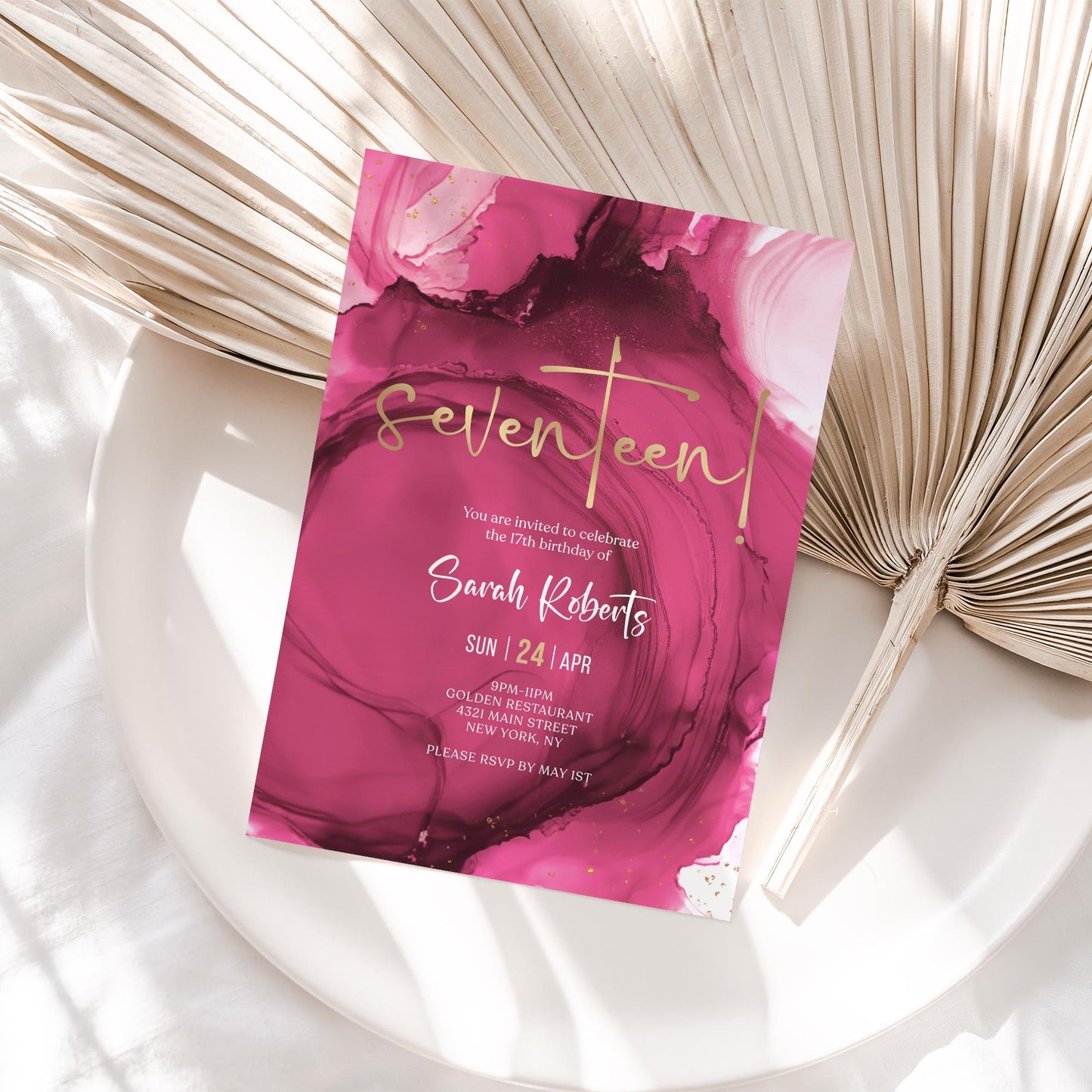 Fuchsia Pink Gold 17th Seventeen Birthday Invitation Template, Printable Girl Birthday Dinner Invite, Editable Pink Party Surprise Invite
