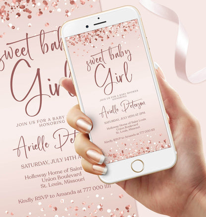 Digital Baby Shower text message invitation template, Rose Gold Baby Shower Editable Invite, Electronic invitation, Girl Mobile Phone Evite