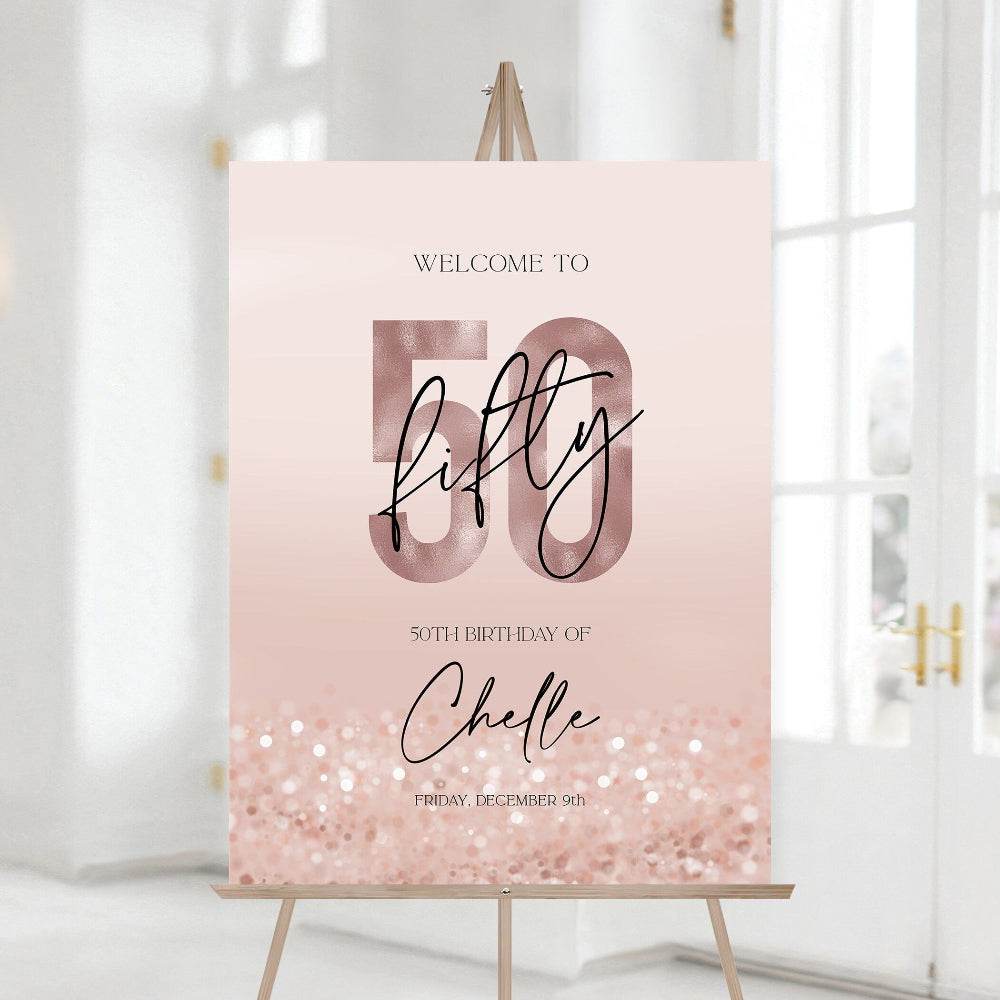Printable 50th Birthday Party Welcome Sign, Editable Modern Rose Gold Template, Custom Pink Fifty Birthday Welcome Board, Instant Download