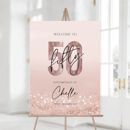 Printable 50th Birthday Party Welcome Sign, Editable Modern Rose Gold Template, Custom Pink Fifty Birthday Welcome Board, Instant Download