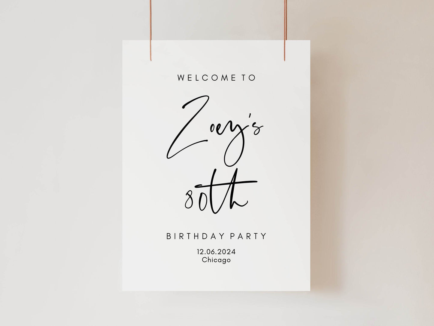 Simple 80th Birthday Welcome Sign Template | Printable & Editable Minimalist Birthday Decoration