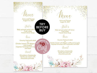Floral Wedding Menu Template, Printable Gold Dinner Menu Card, Wedding Menu Card, Instant Download Editable Menu Template Digital Table Card