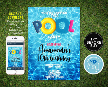 Pool Party Invitation, Summer Party Invitation, Editable Pool Invitation, Boy, Girl Invitation, Party, Digital, Printables, DIY Personalized