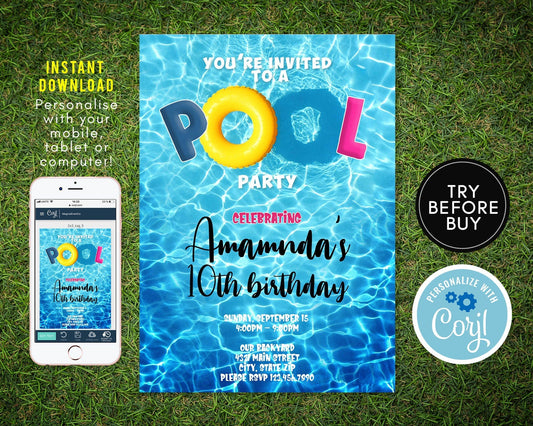 Pool Party Invitation, Summer Party Invitation, Editable Pool Invitation, Boy, Girl Invitation, Party, Digital, Printables, DIY Personalized