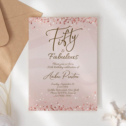 50th Birthday Invitation - Fifty & Fabulous | Editable Printable | Rose Gold 50th Birthday Invitation Template for Women's Surprise Party