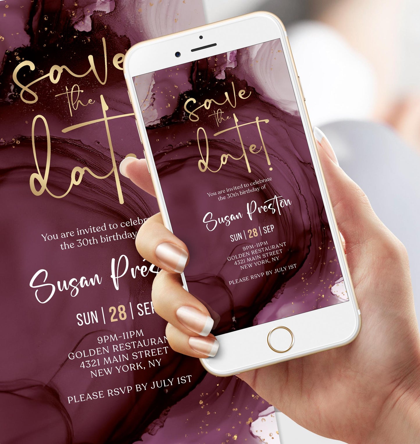 Digital Purple Gold Save the Date Invitation Template, Electronic Birthday Invite, Editable Mobile Evite, Any Age Invite, Text Message Evite