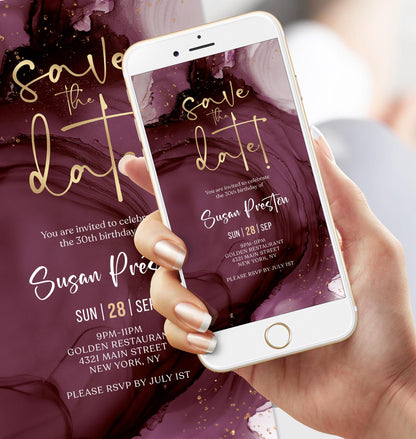 Digital Purple Gold Save the Date Invitation Template, Electronic Birthday Invite, Editable Mobile Evite, Any Age Invite, Text Message Evite