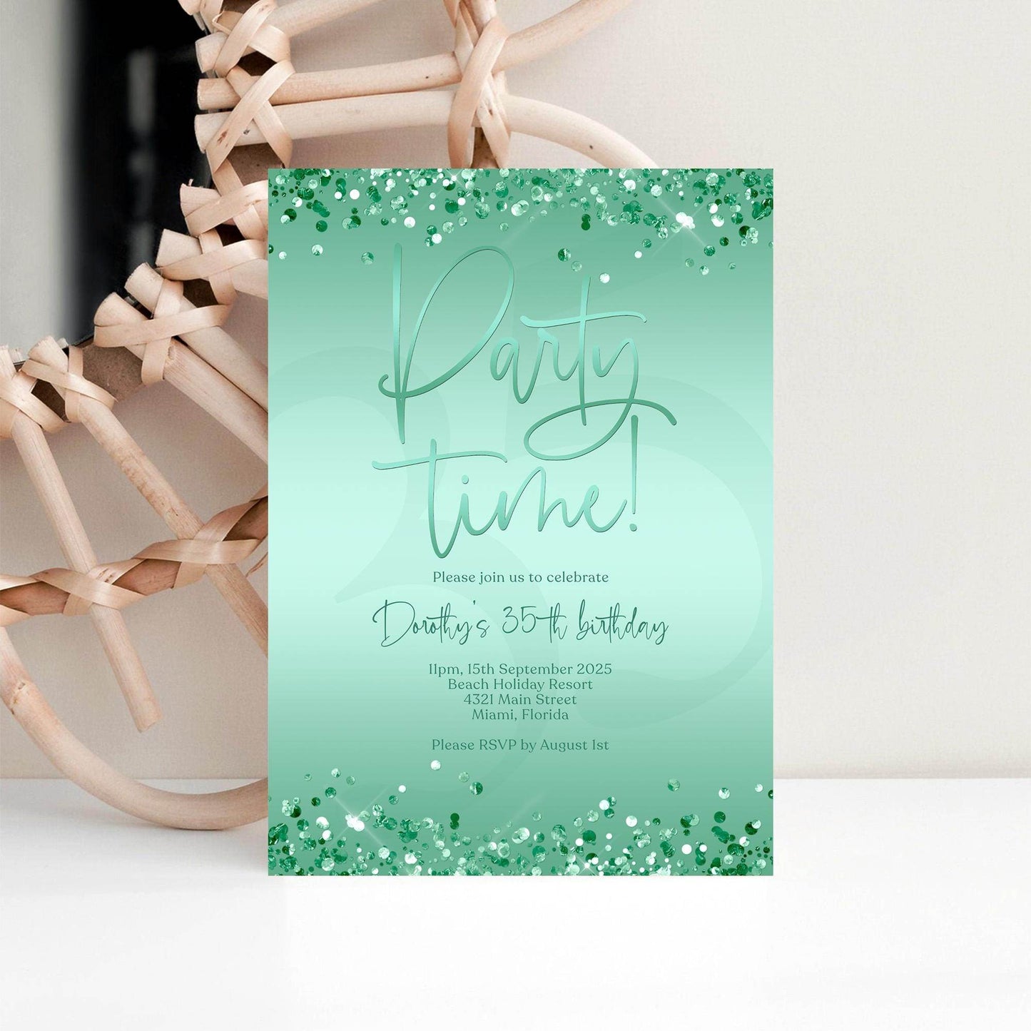 Editable Green Mint Party Invitation Template, Printable Confetti Party Time Invite, Any Age Birthday Email Text Message, Digital Download