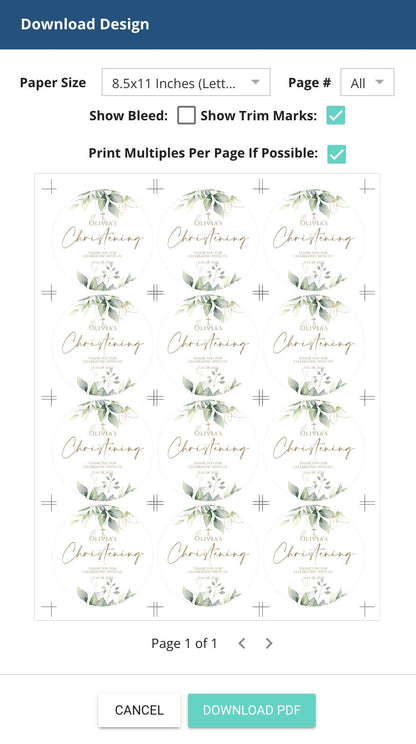 Round Christening Thank You Tag Template, Christening Favor Tag Eucalyptus Gold Leaves, Baptism, Boy Girl Round Tag, DIY Favor Tag Template