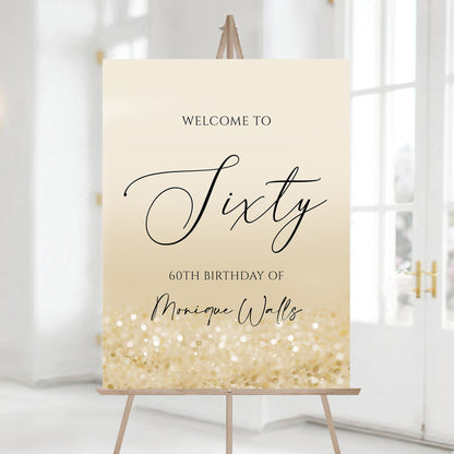 Printable Gold 60th Sixty Birthday Party Welcome Sign, Editable Template, Modern Birthday Welcome Sign Template, Gold Confetti Board Poster
