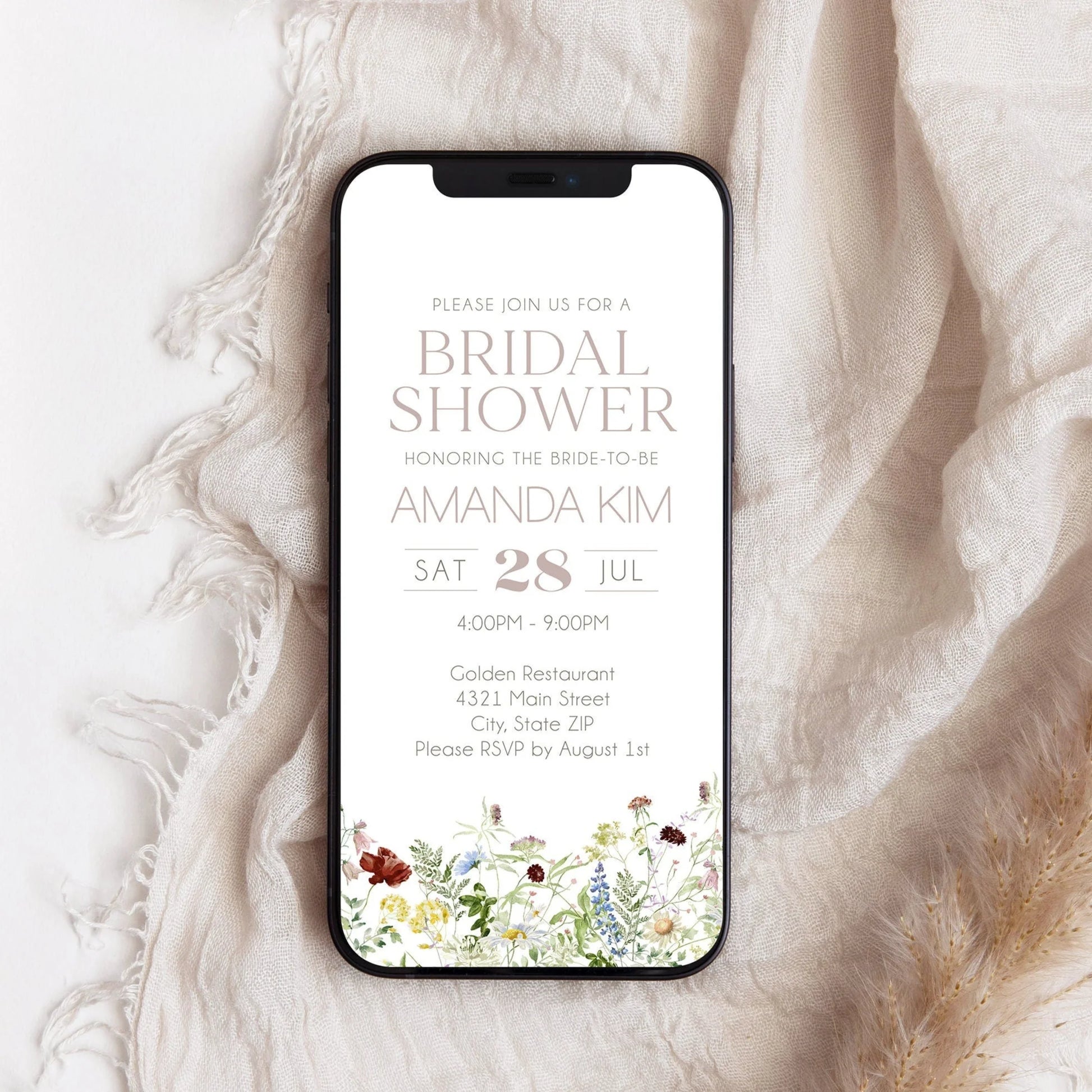 Electronic Wildflower Bridal Shower Invitation for phone, Digital Wildflowers Floral Bridal Brunch Invites, Spring Summer Text Message Evite