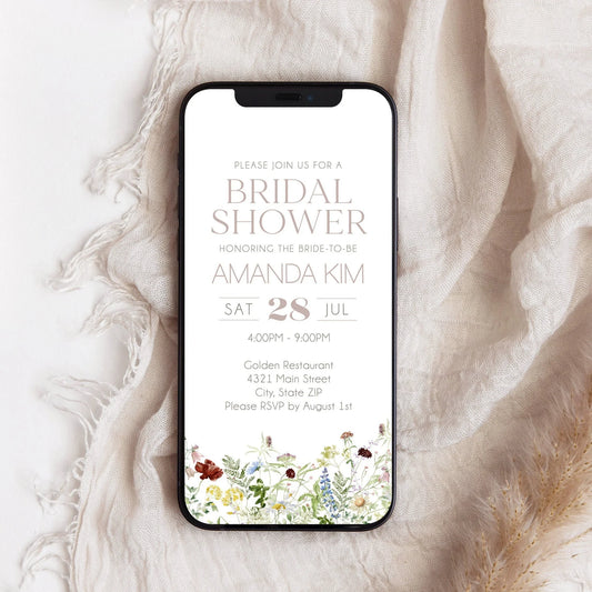 Electronic Wildflower Bridal Shower Invitation for phone, Digital Wildflowers Floral Bridal Brunch Invites, Spring Summer Text Message Evite