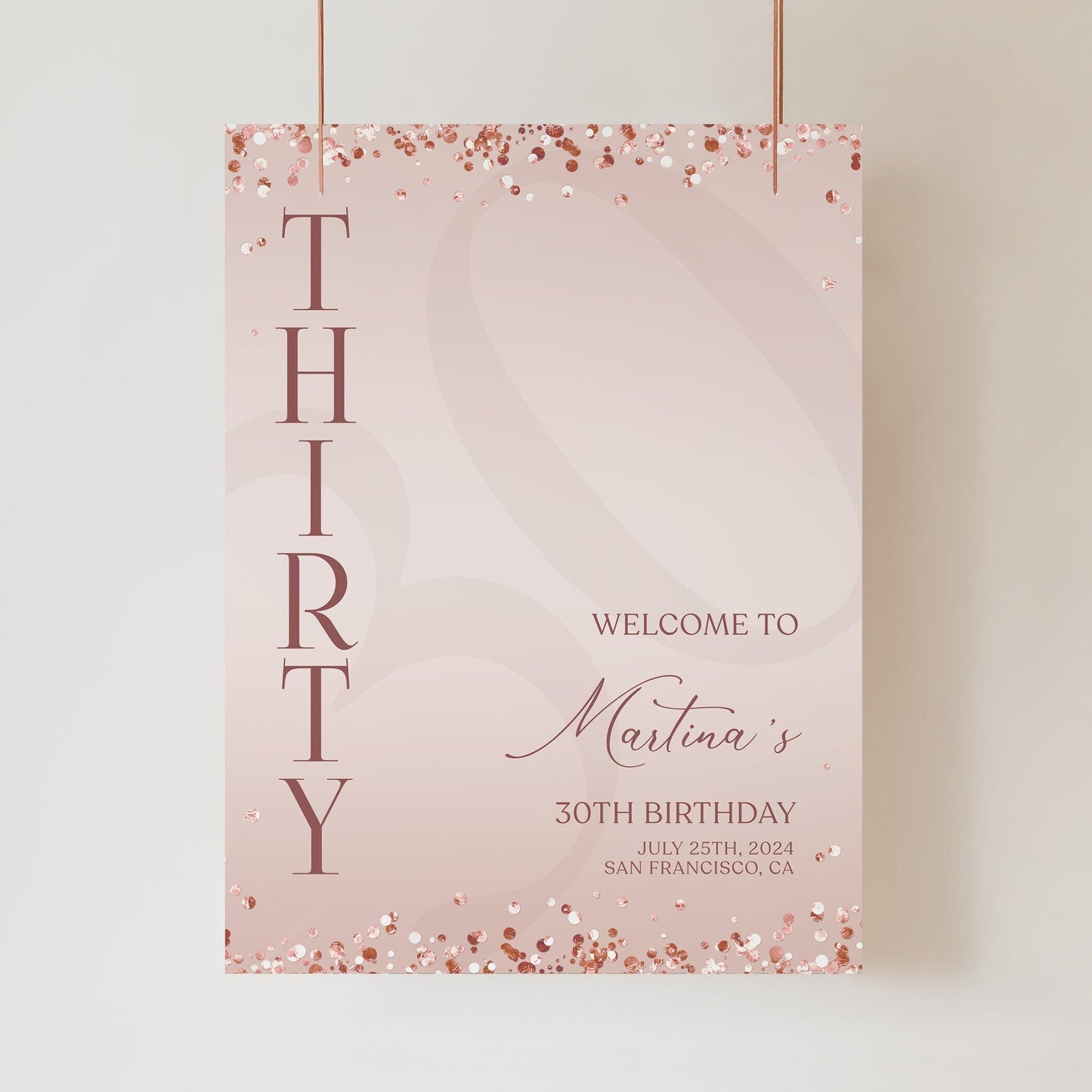 Printable Blush Pink 30th Thirty Birthday Welcome Sign Template, Editable Sign, Rose Gold Birthday Welcome Sign Poster, Modern Welcome Board