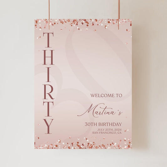 Printable Blush Pink 30th Thirty Birthday Welcome Sign Template, Editable Sign, Rose Gold Birthday Welcome Sign Poster, Modern Welcome Board