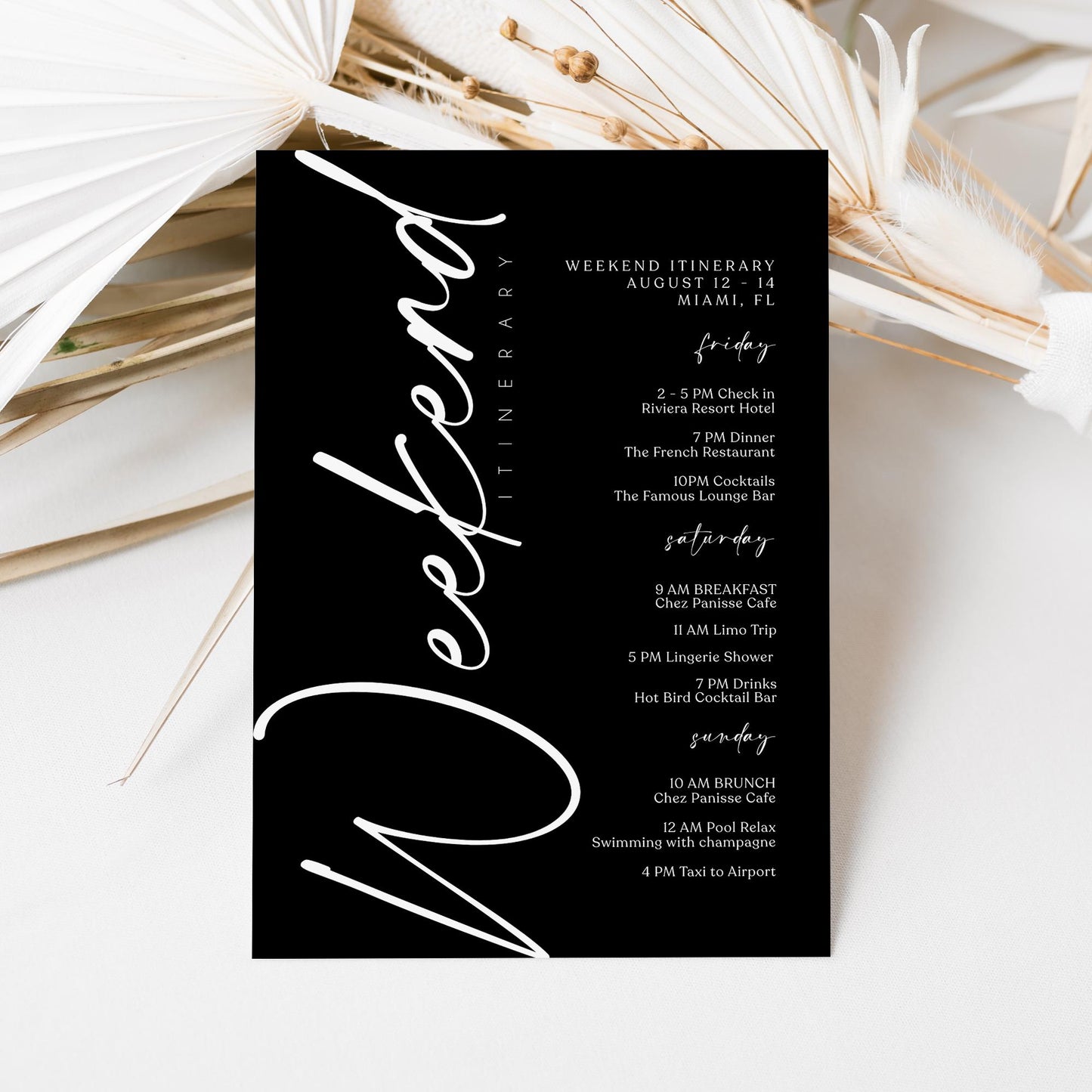 Editable Black Weekend Itinerary Template | MagicalEventCo