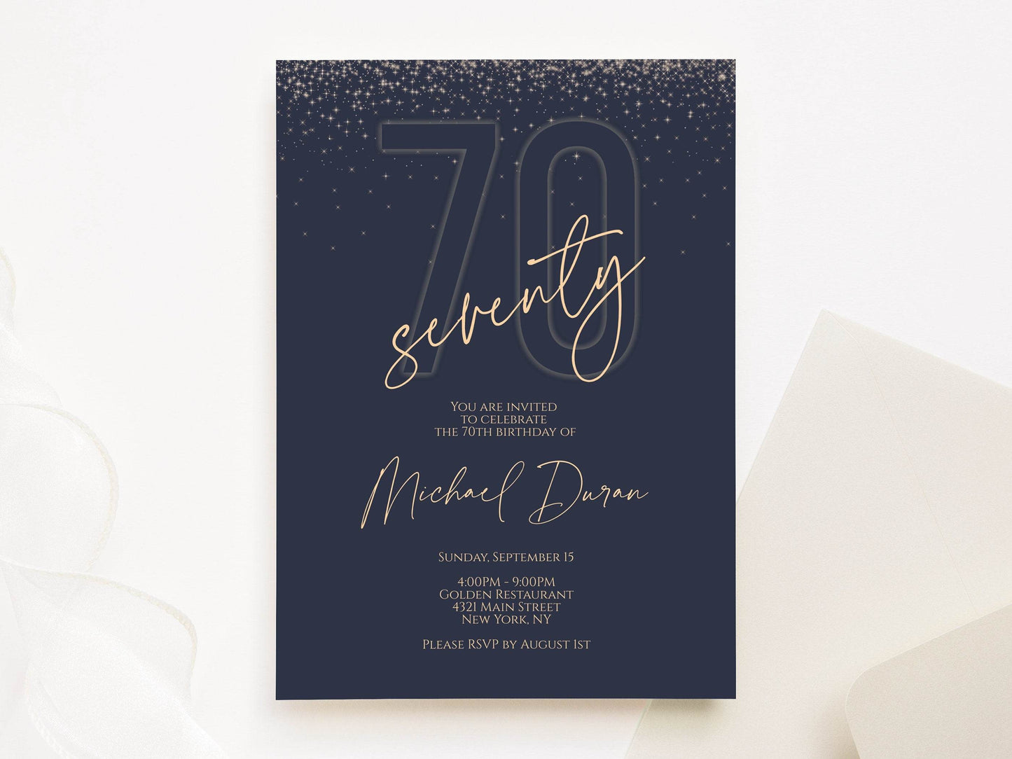 70th Birthday Invitation for Him | Navy Blue Gold Digital Invite | Editable Male Birthday Evite | Text Message or Email | Instant Download