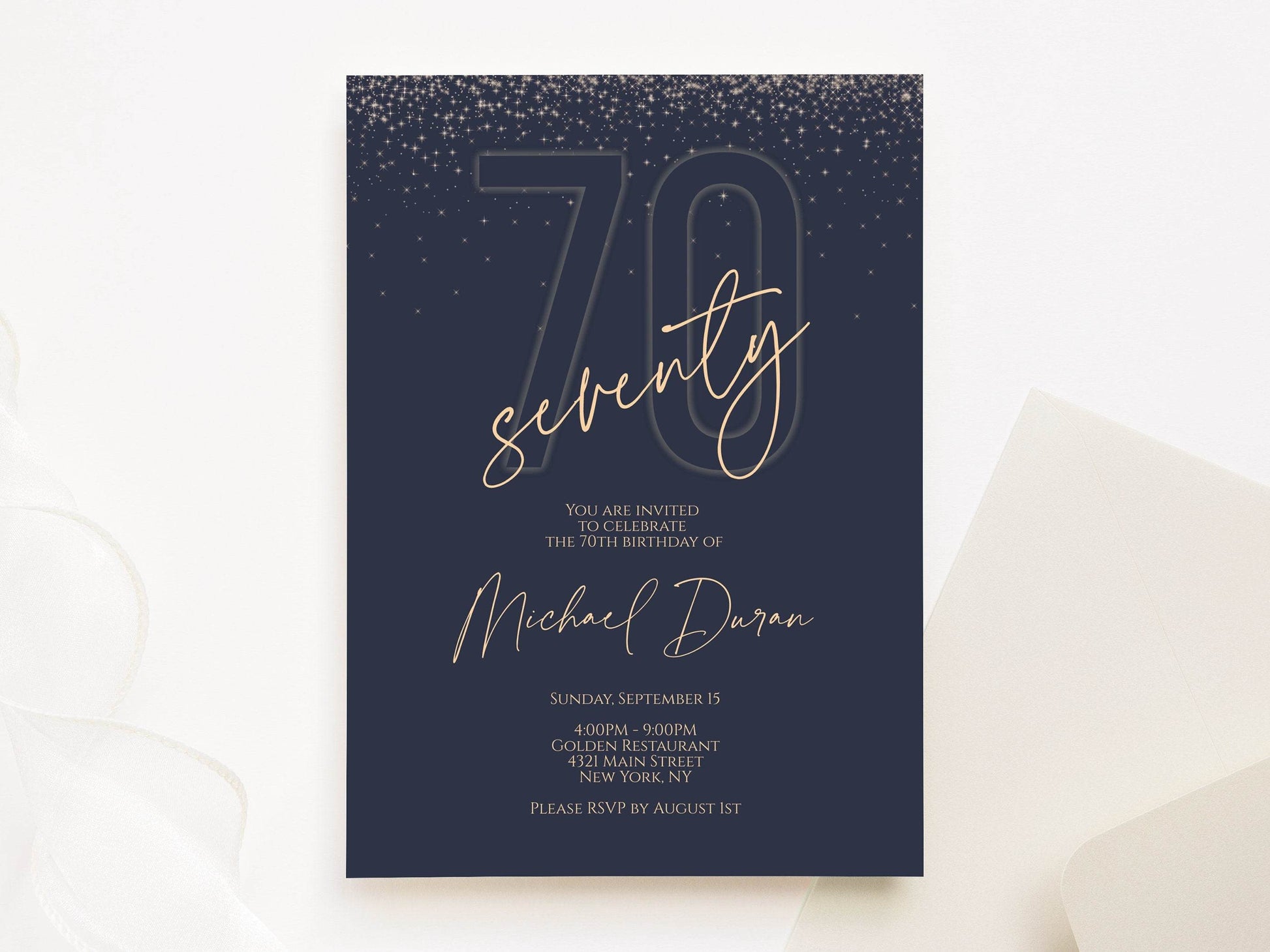 70th Birthday Invitation for Him | Navy Blue Gold Digital Invite | Editable Male Birthday Evite | Text Message or Email | Instant Download