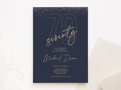 70th Birthday Invitation for Him | Navy Blue Gold Digital Invite | Editable Male Birthday Evite | Text Message or Email | Instant Download