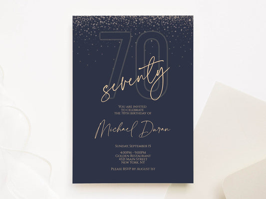 70th Birthday Invitation for Him | Navy Blue Gold Digital Invite | Editable Male Birthday Evite | Text Message or Email | Instant Download
