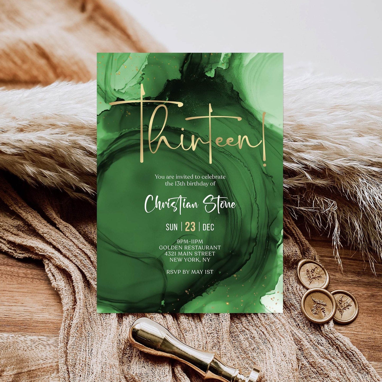 Editable 13th Birthday Invitation Template – Emerald Green Surprise Party Invite – Printable Teen Birthday Evite – Digital Download