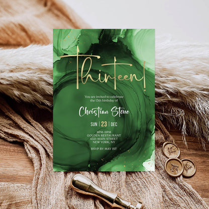 Editable 13th Birthday Invitation Template – Emerald Green Surprise Party Invite – Printable Teen Birthday Evite – Digital Download