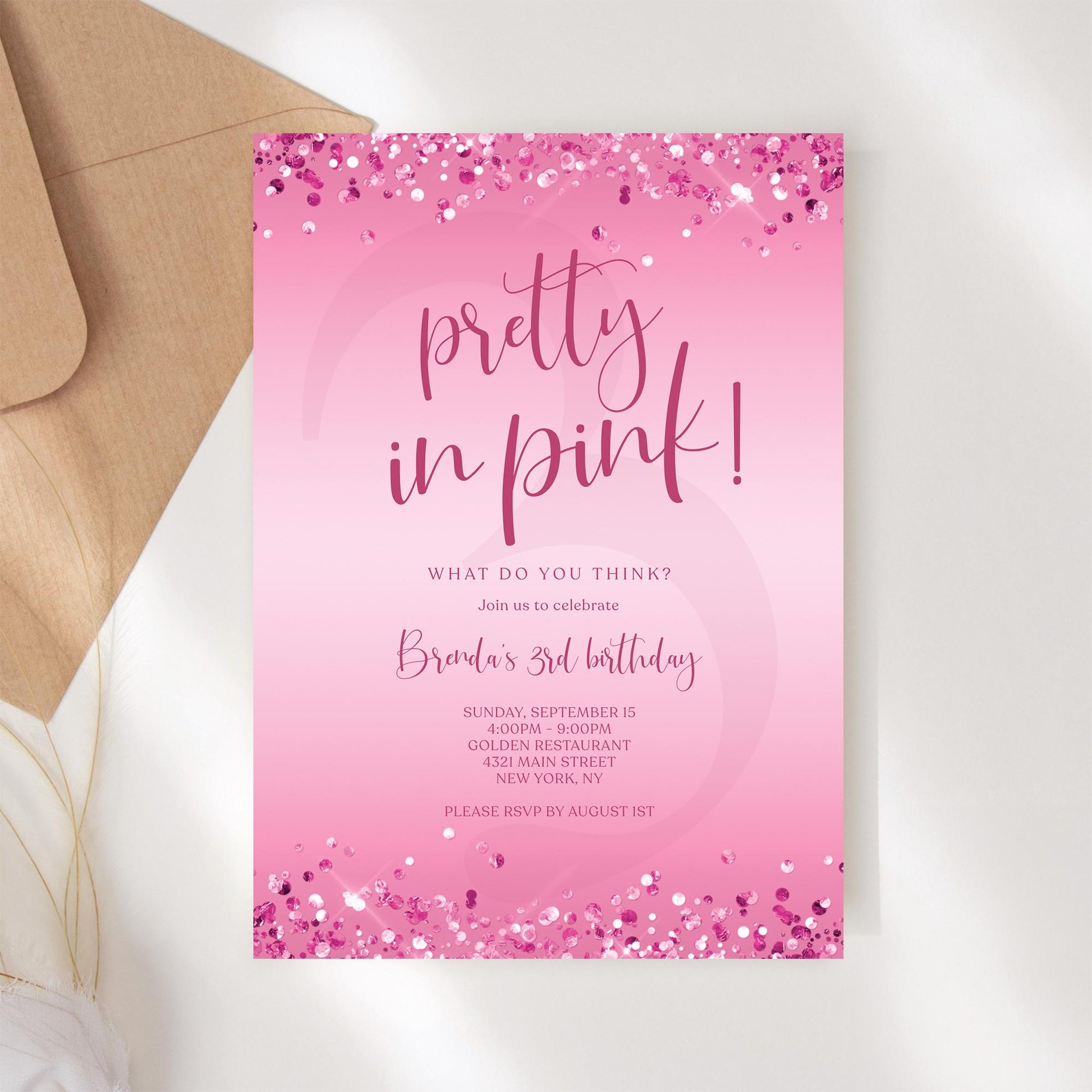 Pretty in Pink 3rd Girl Birthday Invitation Template | Editable & Printable