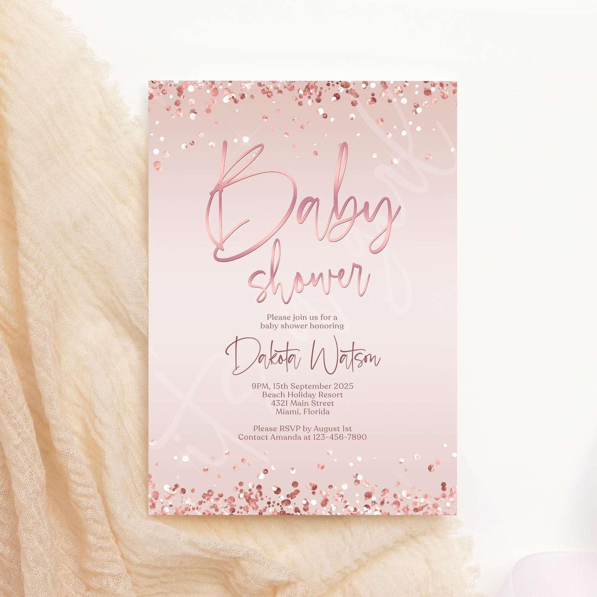 Printable Girl Baby Shower Invitation Template, Pink Rose Gold Confetti Baby Shower Invite, Editable Invitation, Digital Baby Shower Evite