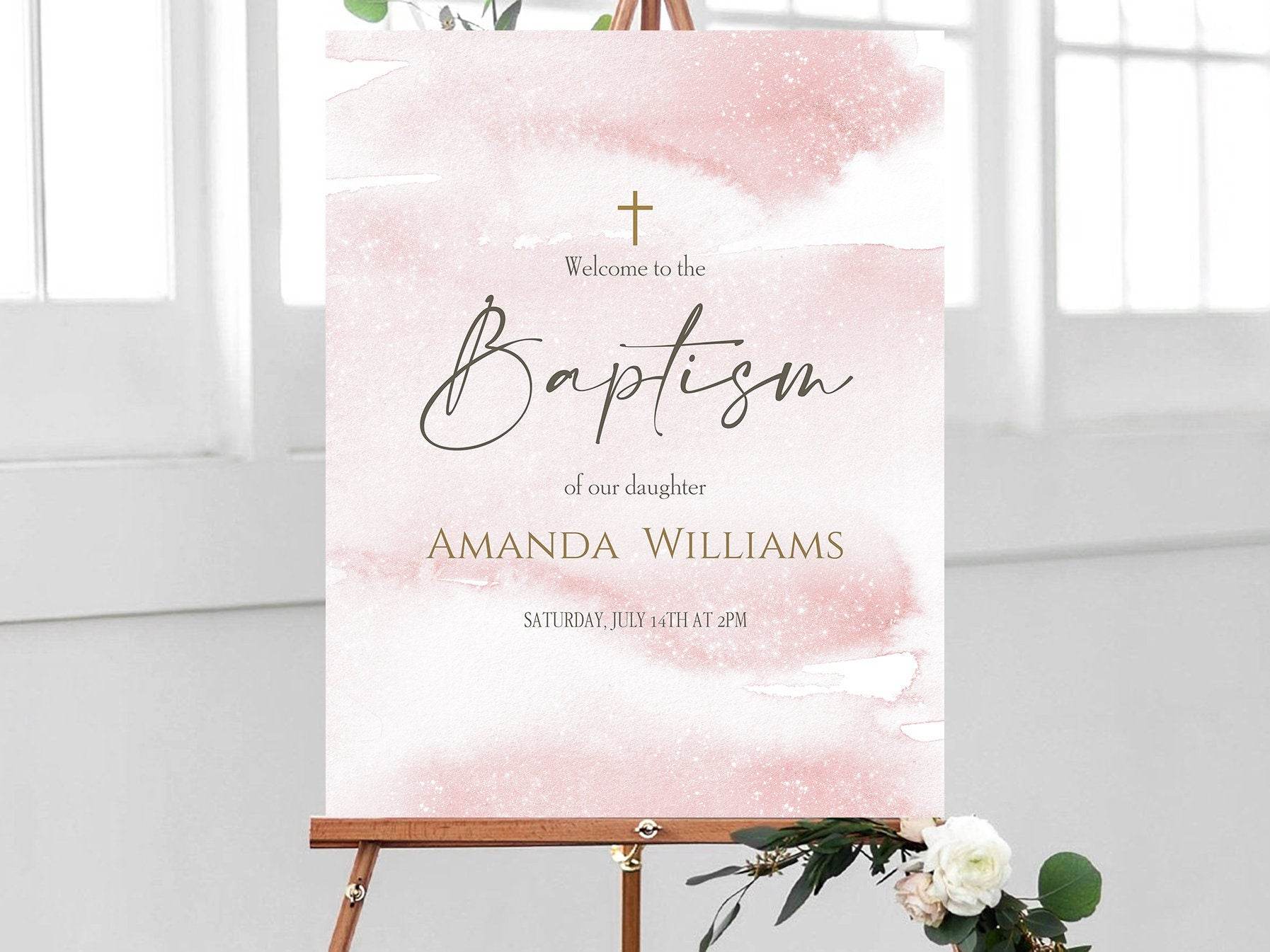 Girl Baptism Welcome Sign Template | Pink Watercolor Christening Sign | Editable Pink & Gold Printable Welcome Poster | Instant Digital Download