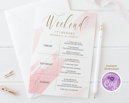 Printable Watercolor Weekend Itinerary - Editable Template for Bachelorette & Birthday Weekends