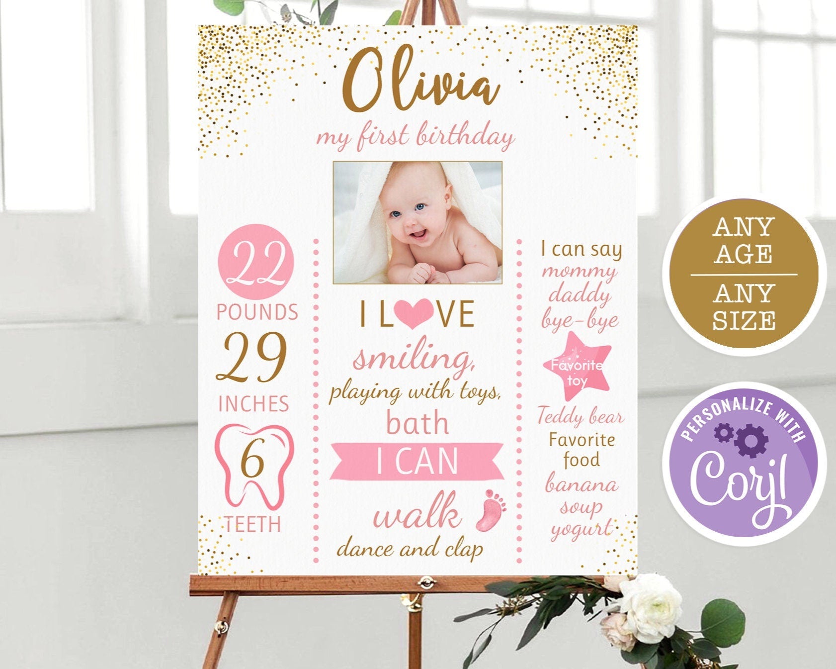 First Birthday Poster, Pink and Gold Confetti Board, Floral First Birthday Milestone Sign, Girl 1st Birthday Chalkboard Sign Birthday Poster