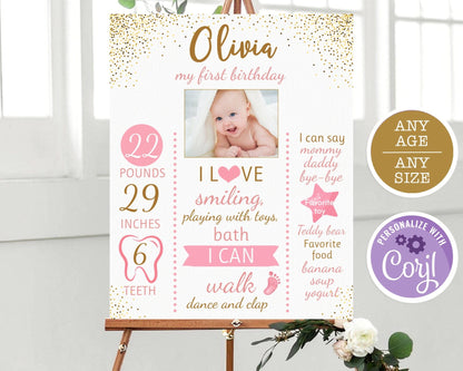 First Birthday Poster, Pink and Gold Confetti Board, Floral First Birthday Milestone Sign, Girl 1st Birthday Chalkboard Sign Birthday Poster
