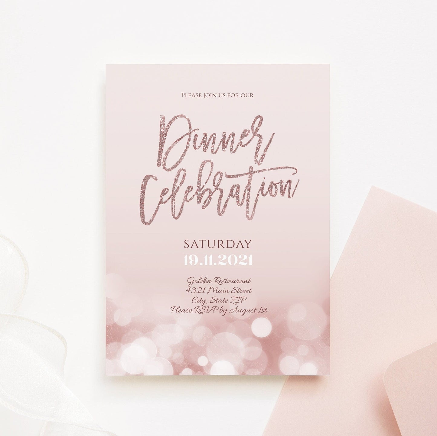 Luxury Dinner Celebration Invitation - Rose Gold Glitter, Editable Template