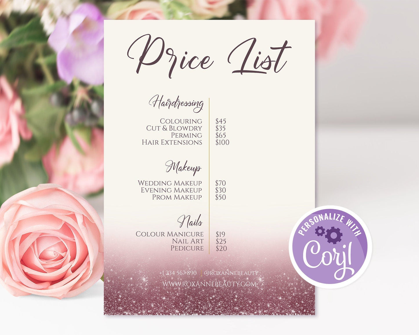 Rose Gold Price List Editable, Purple Business Price List Template, Printable Price Guide, Pricing Sheet Hair Beauty Salon Chart, Download