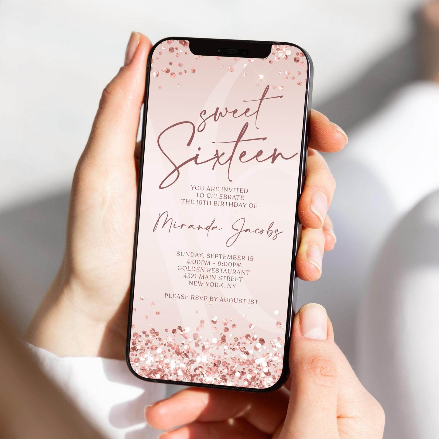 Sweet Sixteen Invite Digital, Rose Gold 16th Birthday Party Invitation Template, Editable Pink Electronic Evite, Text Message Instant Download