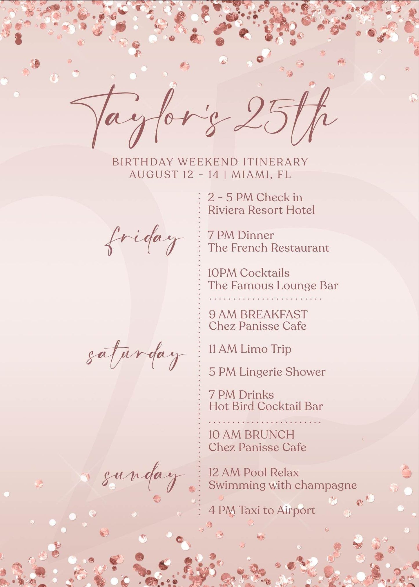 Editable Rose Gold Ladies Birthday Itinerary Template, Printable Woman Party Any Age Itinerary, Luxury Weekend Itinerary, Email Text Message