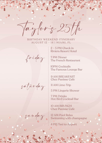 Editable Rose Gold Ladies Birthday Itinerary Template, Printable Woman Party Any Age Itinerary, Luxury Weekend Itinerary, Email Text Message
