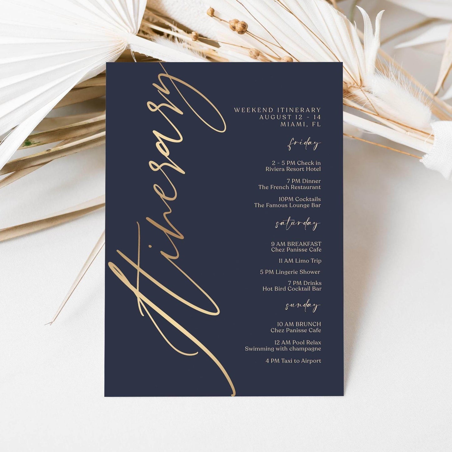 Navy Gold Weekend Itinerary Template, Editable Printable Birthday or Anniversary Weekend Schedule, Digital Events Itinerary, Instant Download, Email Text Message
