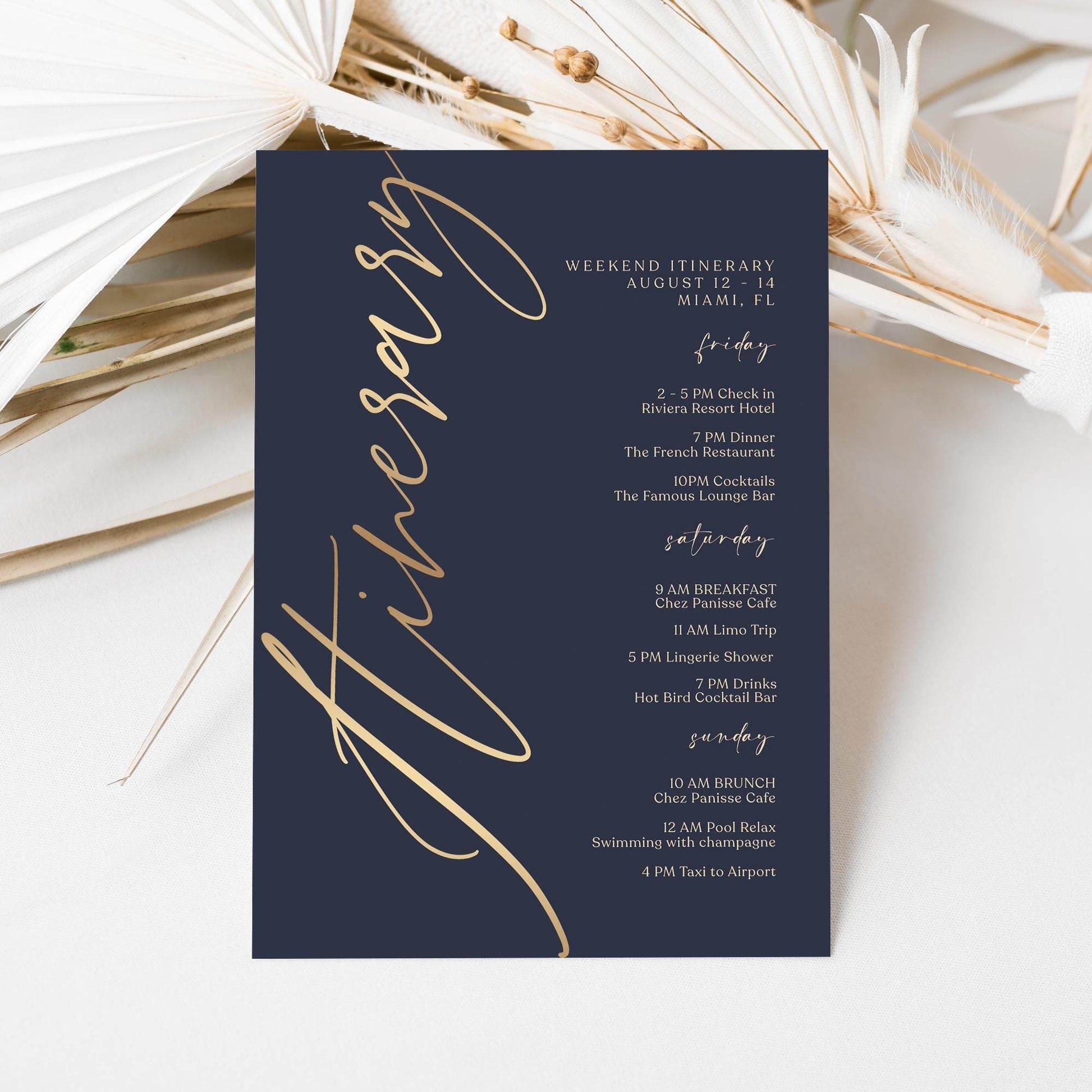 Navy Gold Weekend Itinerary Template, Editable Printable Birthday or Anniversary Weekend Schedule, Digital Events Itinerary, Instant Download, Email Text Message